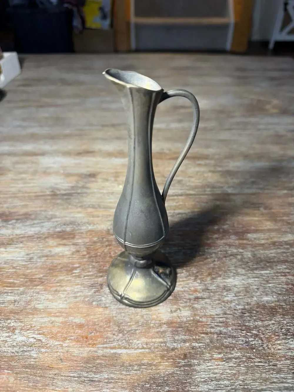 Vintage Pewter Ewer Bud Vase with Ornate Spout and Handle